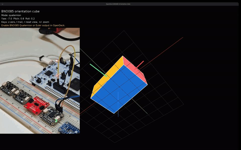 Orientation Cube demo showing the sensor hardware and a colorful cube following its rotation